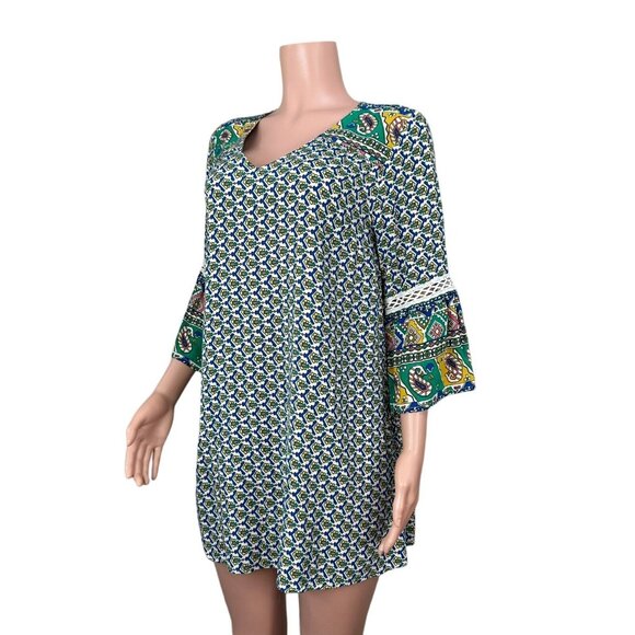 Umgee Womens Boho Tunic Dress SZ M Paisley Multicolor 3/4 Bell Sleeves V-Neck - Picture 16 of 16